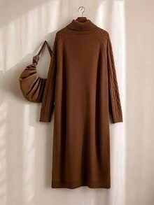 GlowEve CURVE Plus Turtleneck Cable Knit Sweater Dress - Coffee Brown - View 2
