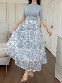 DAZY Set Kaos Leher Tinggi dan Rok Lipit Motif Paisley untuk Musim Gugur - Biru - View 4