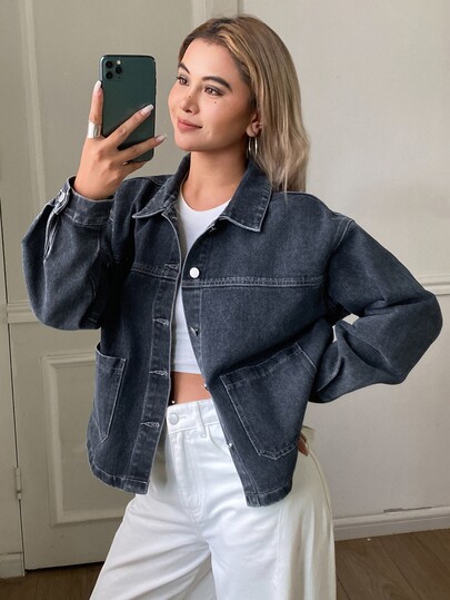 DAZY Dual Pocket Drop Shoulder Denim Jacket