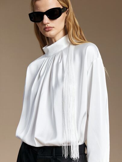 Ontre Mock Neck Fringe Trim Blouse