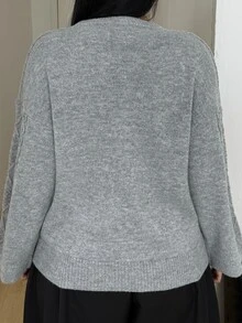 POPSWAY Plus Size Solid Cable Knit Drop Shoulder Crop Sweater Winter - Grey - View 2