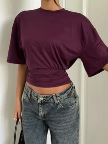 Aloruh Kaos Crop Top Polos dengan Bahu Jatuh, Cocok untuk Acara Santai, Brunch, Pantai, Hari Minggu, Warna Ungu Tua, dan Gaya Kasual Musim Panas. - Red Violet - View 7