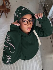 Muchica Letter Graphic Drop Shoulder Hoodie - Dark Green - View 1
