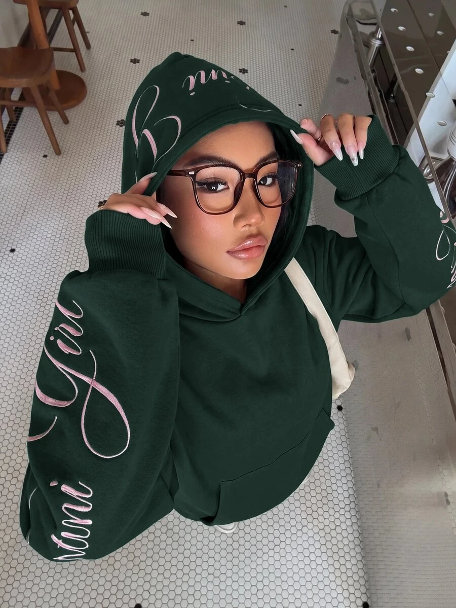 Muchica Letter Graphic Drop Shoulder Hoodie - Dark Green - View 1