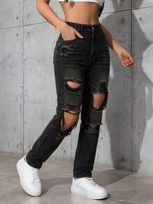 SHEIN ICON 破洞直筒牛仔褲 - 黑色 - 查看 4