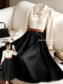 GlowEve CURVE Plus Two Tone Bow Front Shirt Dress Without Belt Fall - Multicolor - View 1