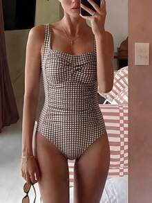 SHEIN Swim 棕色抓皺連身泳衣，海灘度假夏季歐風熱帶風 - 棕色 - 查看 3