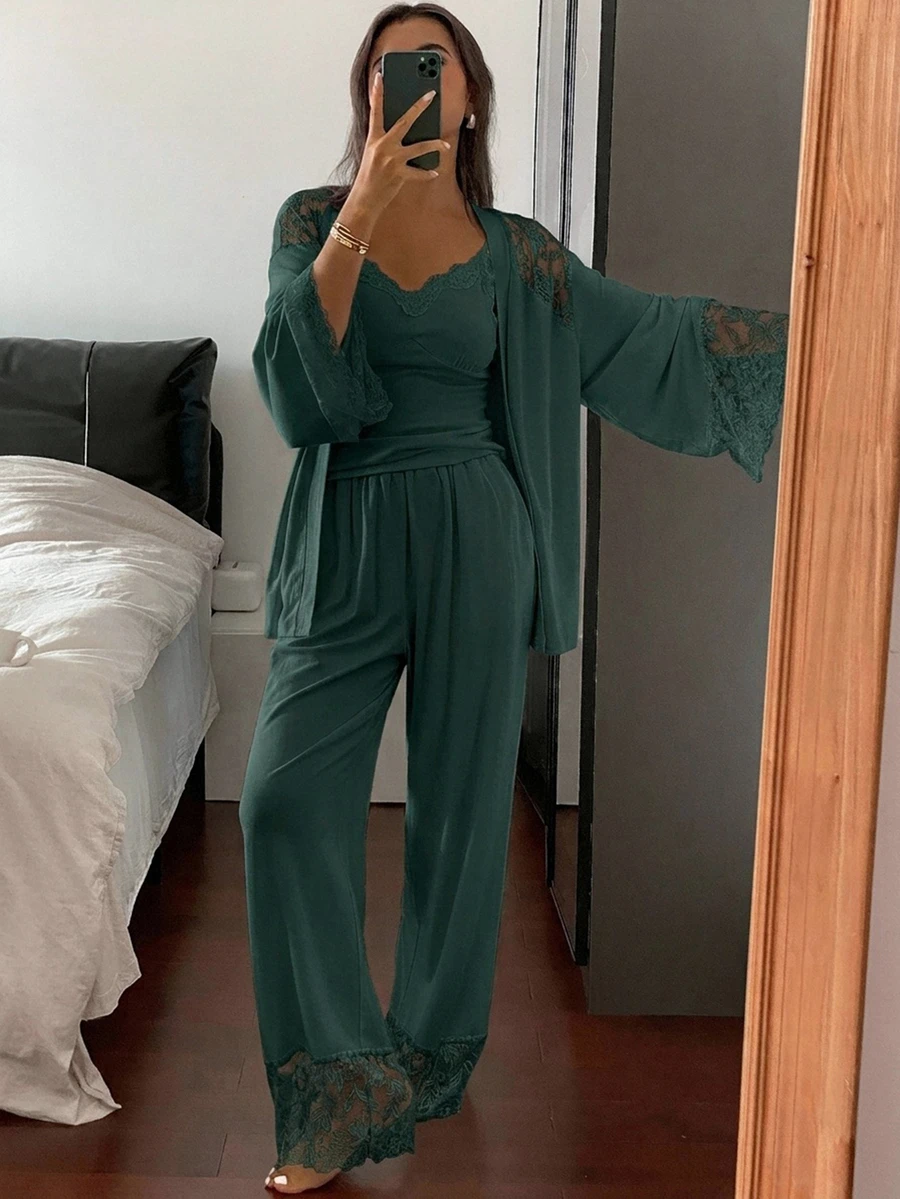 DAZY 3pcs Contrast Lace Cami PJ Set - Dark Green - View 1
