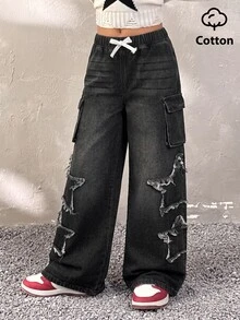 Tween Girl Drawstring Waist Flap Pocket Side Raw Edge Star Pattern Cargo Jeans - Black - View 3