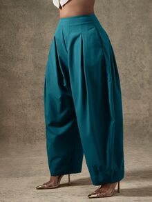 Vixey Solid Slant Pocket Fold Pleated Tapered Pants - Cadet Blue - View 5