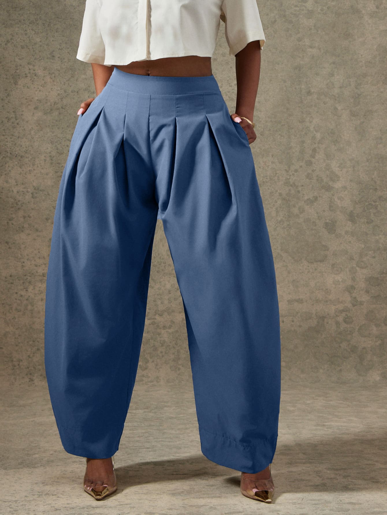 Vixey Solid Slant Pocket Fold Pleated Tapered Pants - Blue - View 1