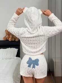 Napfluff 3D Ear Design Lingerie Teddy Hoodie & Bow Front Shorts Set - White - View 1