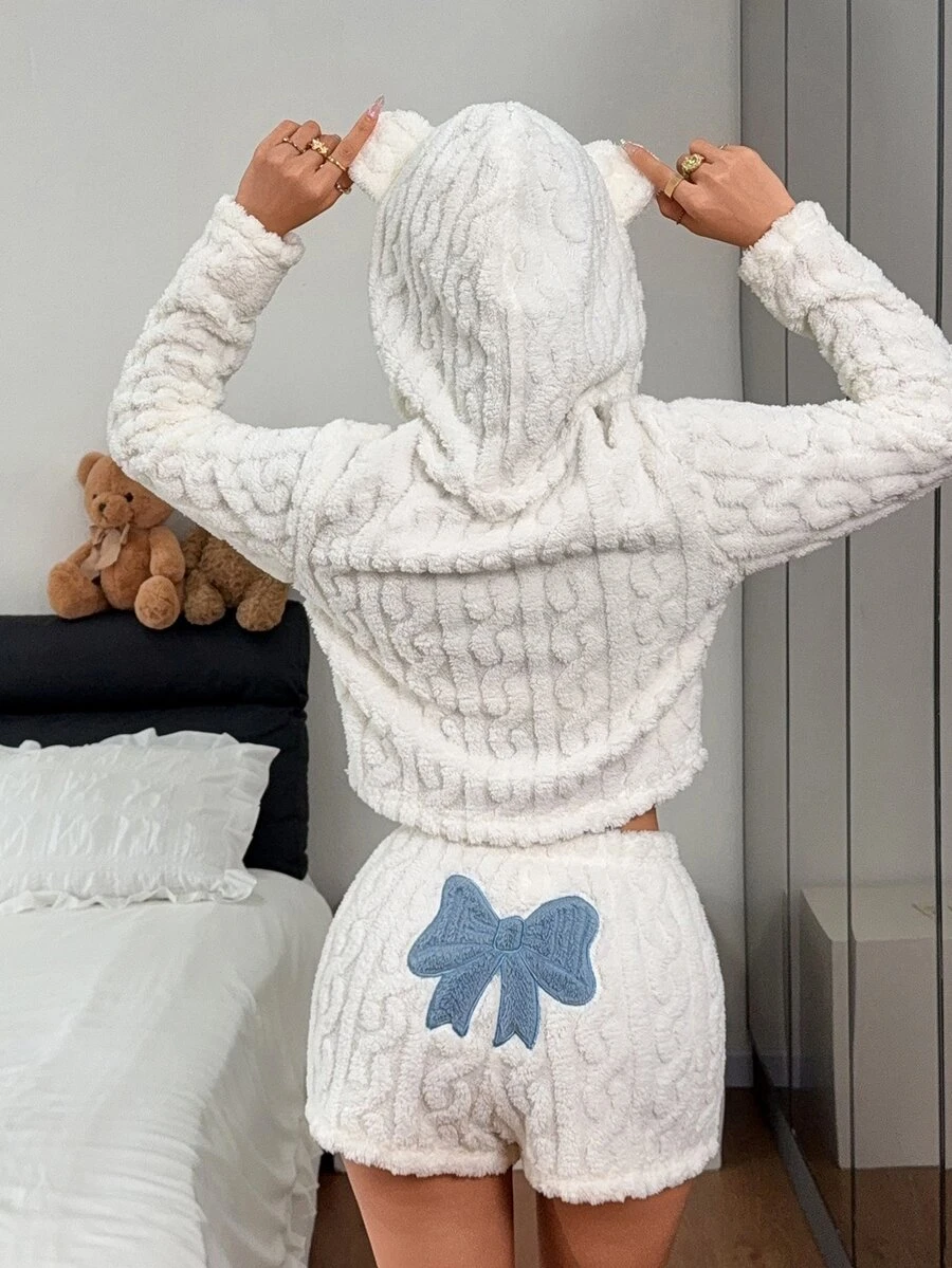 Napfluff 3D Ear Design Lingerie Teddy Hoodie & Bow Front Shorts Set - White - View 1