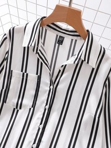 SHEIN LUNE Plus Allover Striped Print Shirt Dress Office Formal Autumn Casual Soft Form Fall - Black and White - View 4