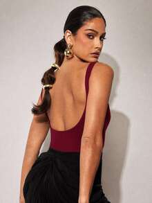 Silquee Solid Round Neck Tank Bodysuit - Red - View 3