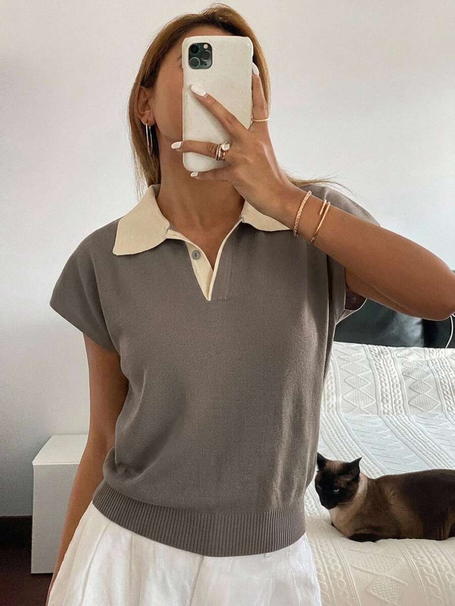 Livesso 撞色 Polo 領蝙蝠袖針織上衣 - 棕色 - 查看 1