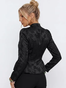 Avantive Floral Jacquard Peplum Hem Satin Jacket - Black - View 3