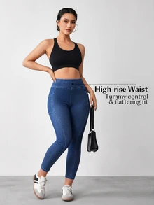 Flexra Plus High Waist Phone Pocket Side Skinny Jeans - Blue - View 7