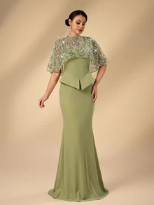 Serin Contrast Sequin Mermaid Hem Mother Of The Bride Dress - Green - View 5