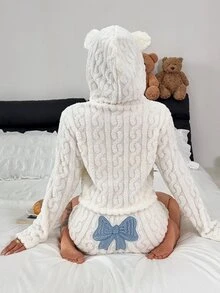 Napfluff 3D Ear Design Lingerie Teddy Hoodie & Bow Front Shorts Set - White - View 3
