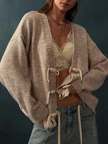 Bohemela Áo cardigan dáng duffle vai trễ - Màu Khaki - Xem 4