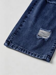SHEIN 青少年女孩 1件裝 破洞磨邊直筒牛仔褲 - 深色水洗藍 - 查看 7