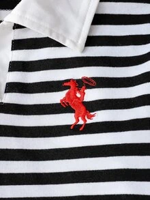 Genkimix Kids 返校季女童 2 件套（4-8 歲）學院風黑白條紋 Polo 領套頭上衣，馬術印花細節，彈性腰長褲，柔軟舒適休閒運動套裝，適合春/秋季校園日常穿著與戶外玩耍 - 黑與白 - 查看 6