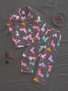SHEIN 女童獨角獸印花長袖上衣與長褲睡衣套裝 - 粉色 - 查看 1