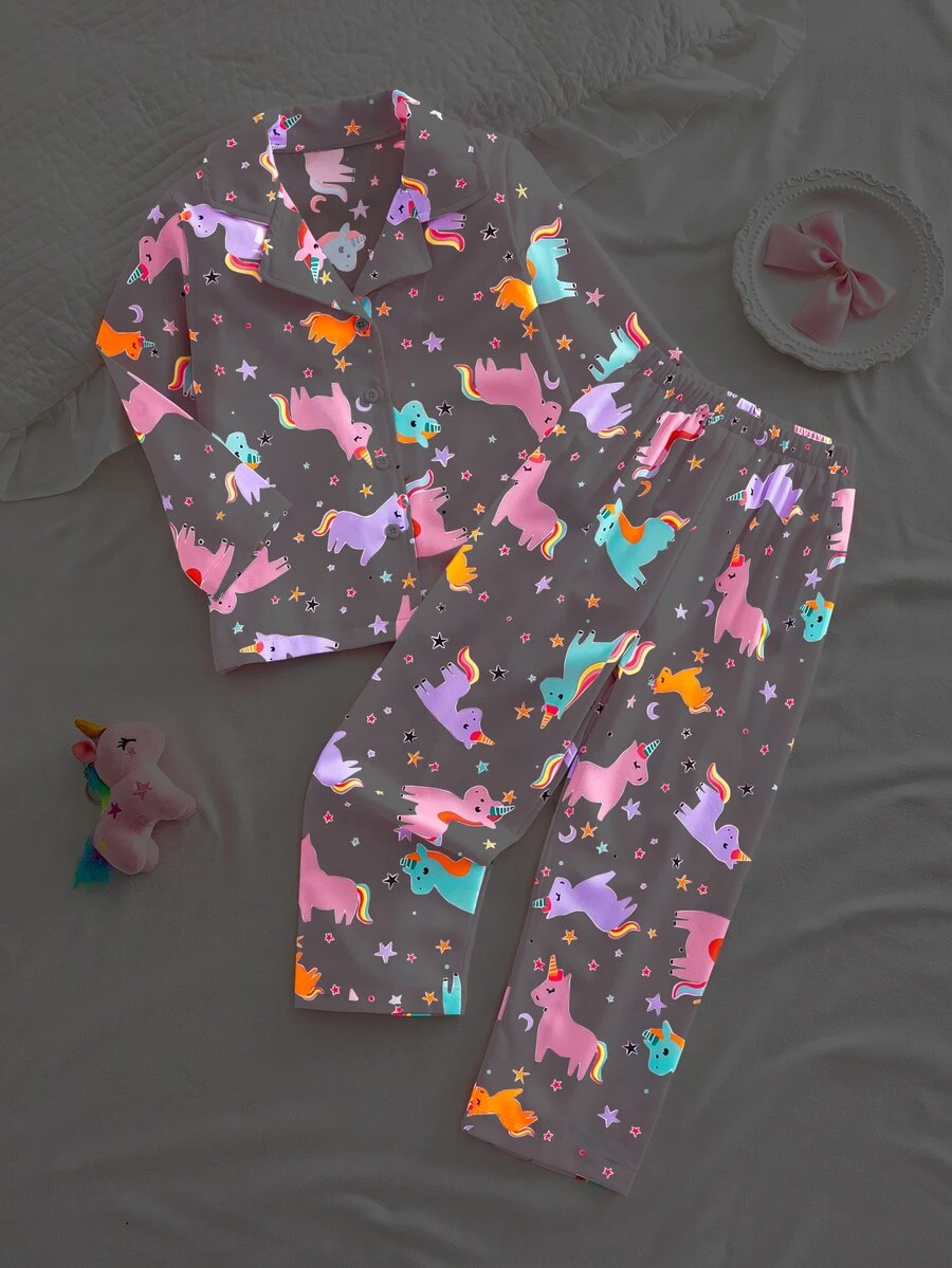 SHEIN 女童獨角獸印花長袖上衣與長褲睡衣套裝 - 粉色 - 查看 1