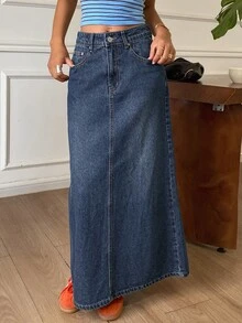 DAZY Solid Slant Pocket Denim Skirt Vacation - Blue - View 3