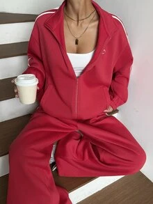 DAZY Striped Tape Drop Shoulder Zip Up Sweatshirt & Sweatpants Lounge Sets For Women - Red - View 1