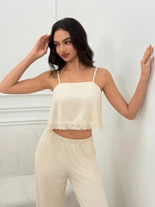 SHEIN Contrast Lace Cami Top & Pants PJ Set - Beige - View 6