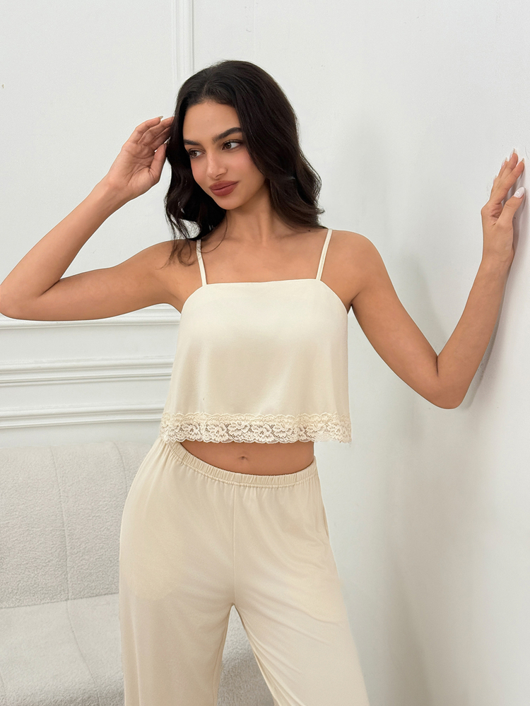 SHEIN Set Piyama Atasan Cami Renda Kontras & Celana Panjang - Krem - View 6
