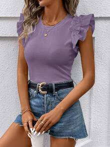 SHEIN Clasi Solid Ruffle Trim Tee - Dusty Purple - View 5