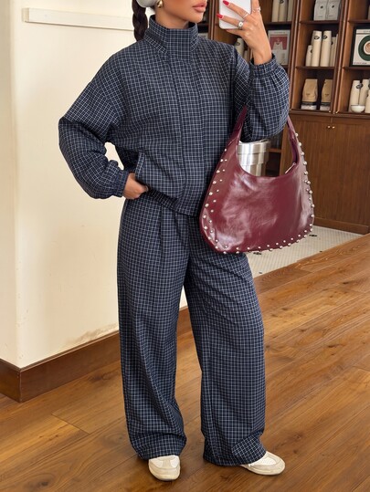 Muchica Plaid Print Drop Shoulder Mock Neck Jacket & Pants