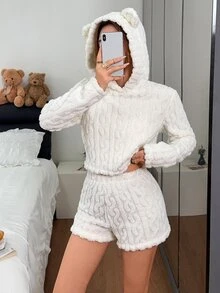 Napfluff 3D Ear Design Lingerie Teddy Hoodie & Bow Front Shorts Set - White - View 5