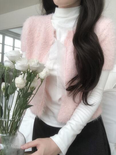 DAZY Solid Open Front Crop Fluffy Cardigan