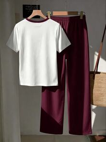 SHEIN EZwear 人體圖案對比滾邊上衣與抽繩腰寬褲套裝 - 酒紅色 - 查看 2