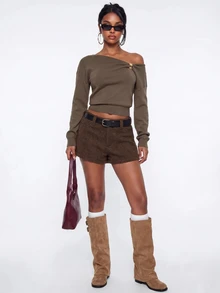 Avantive Solid Asymmetrical Neck Knit Top - Coffee Brown - View 4