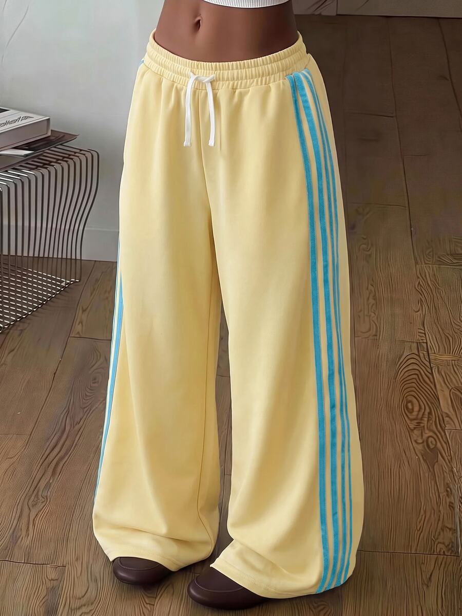 SHEIN Tween Girl Contrast Side Seam Drawstring Waist Wide Leg Pants - Multicolor - View 1