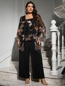 SHEIN Clasi 大尺碼亮片花卉刺繡荷葉袖外套與寬腿長褲套裝 - 彩色 - 查看 5