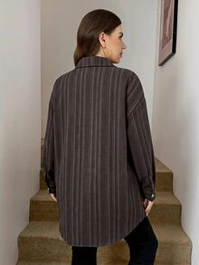 Comfylo Plus Striped Print Drop Shoulder Shirt - Chocolate Brown - View 2