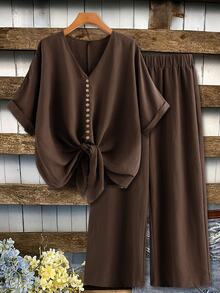 Linhara CURVE Plus Batwing Sleeve Knot Hem Top & Wide Leg Pants - Brown - View 3