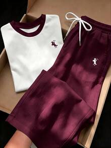 SHEIN EZwear 人體圖案對比滾邊上衣與抽繩腰寬褲套裝 - 酒紅色 - 查看 1