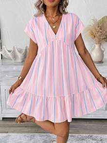 SHEIN LUNE Vestido holgado con estampado de rayas y bajo con volantes - Multicolor - Ver 4