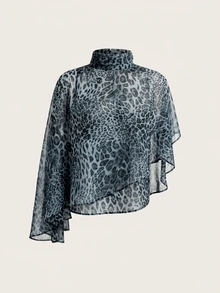 SHEIN Clasi 豹紋小立領不對稱下擺上衣 灰色豹紋 秋季 性感優雅 適合夜生活、晚餐、上班、約會之夜、萬聖節、新年派對 - 藍色 - 查看 3