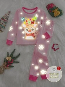 Genkimix Kids 女童 1件聖誕印花睡衣上衣 & 1件睡褲 睡衣套裝 - 粉色 - 查看 4