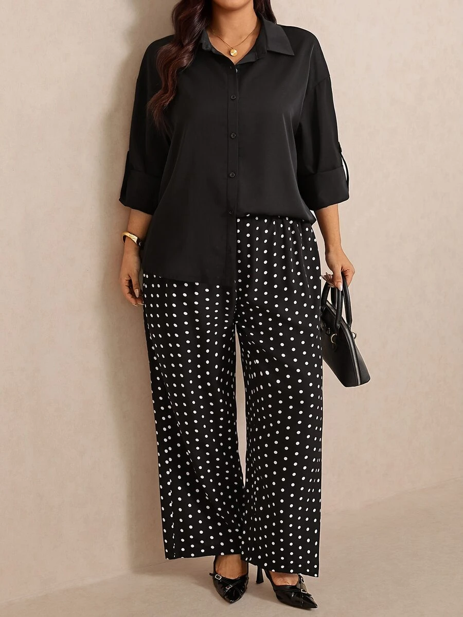 Elaquor Plus Solid Button Front Shirt & Polka Dot Wide Leg Pants - Black and White - View 1