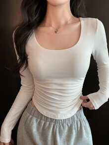 DAZY Solid Scoop Neck Curved Hem Tee - White - View 1