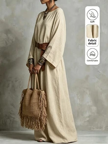 Breezaya Solid Batwing Sleeve Maxi Dress Without Belt - Apricot - View 6